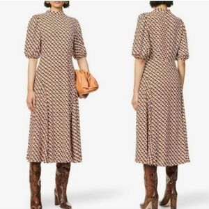 DIANE VON FURSTENBERG NELLA CREPE DE CHIN DRESS IN 3D CHAIN CAFFE PRINT